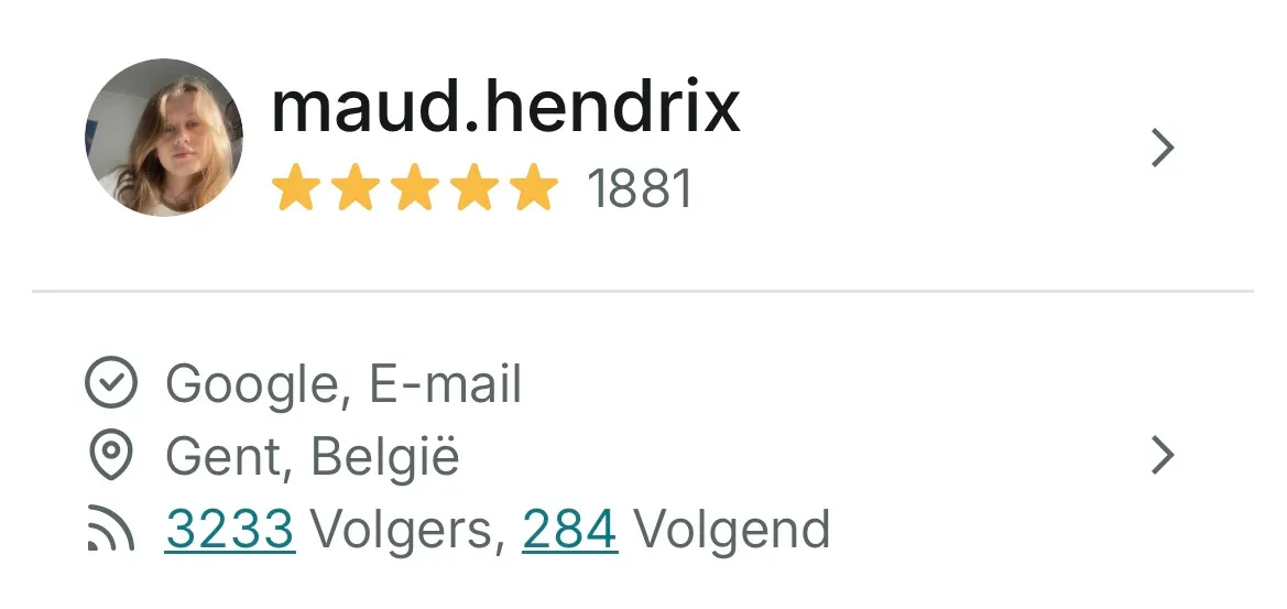 Screenshot of the banned Vinted profile @maud.hendrix: 5 stars, 1,881 sales, Ghent, 3,233 followers